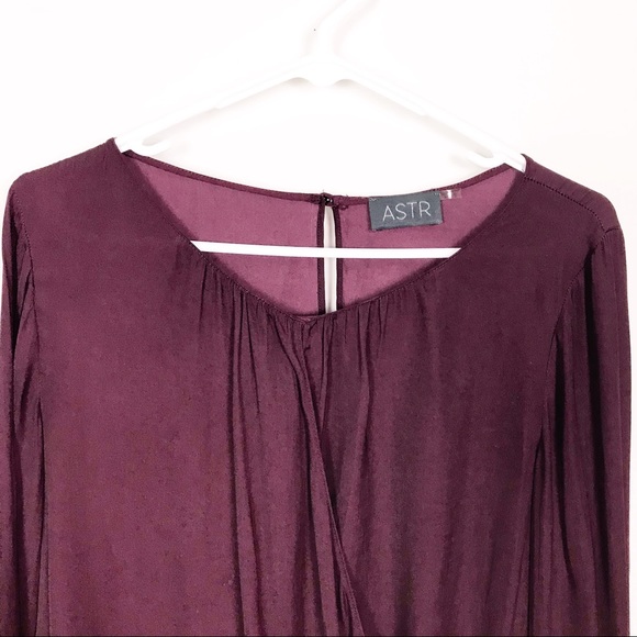 ASTR Burgundy Wine Purple Faux Wrap Top Loose Fit Flowy Chiffon Drape Blouse - Picture 2 of 8